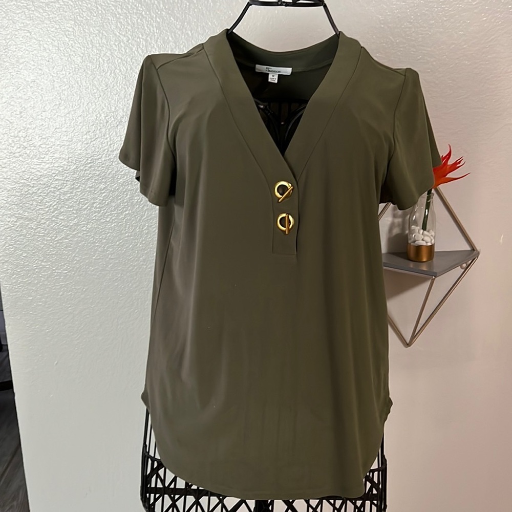 Olive blouse with gold buttons a neck